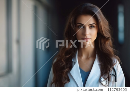 beautiful female doctor in white coat with stethoscope 112793603