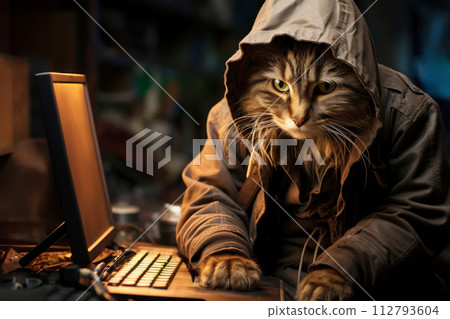 serious cat hacker working on the computer 112793604