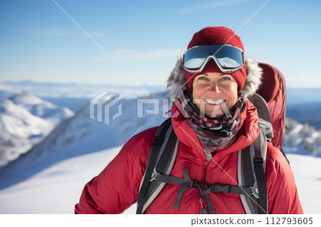 happy senior woman in winter sports clothing and ski glasses with snow covered mountains on the background happy senior woman in winter sports clothing and ski glasses with snow covered mountains on the background 112793605
