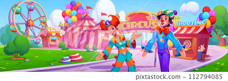 Fun clown, wheel and circus tent in carnival park 112794085
