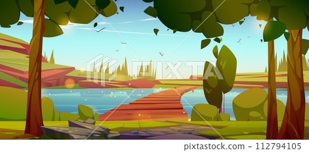 Wooden bridge over river or lake Wooden bridge over river or lake 112794105