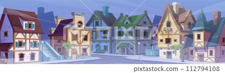 Medieval German street landscape on foggy weather Medieval German street landscape on foggy weather 112794108