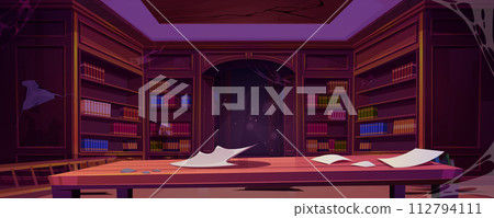 Abandoned public school library with books Abandoned public school library with books 112794111