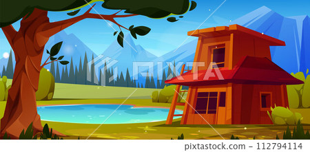 Wooden house near lake in mountain valley 112794114