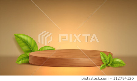 Cylinder podium with wood texture and green leaves Cylinder podium with wood texture and green leaves 112794120