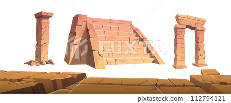 Stone ruins of broken ancient stone buildings. 112794121