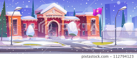 High school building covered with snow at winter. 112794123