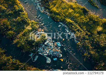 Aerial view of a river contaminated with garbage 112794179