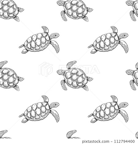 Vector seamless sketch pattern with swimming outline turtle isolated on white background. Ocean or sea animal repeat backdrop Vector seamless sketch pattern with swimming outline turtle isolated on white background. Ocean or sea animal repeat backdrop 112794400