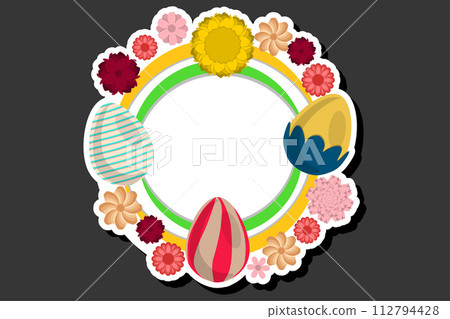 Illustration on theme celebration holiday Easter with hunt colorful bright eggs, banner consisting of hunt different Easter eggs, beautiful Easter eggs are main accessory at abstract background 112794428