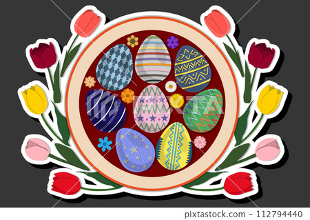 Illustration on theme celebration holiday Easter with hunt colorful bright eggs, banner consisting of hunt different Easter eggs, beautiful Easter eggs are main accessory at abstract background 112794440