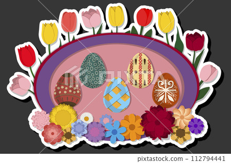 Illustration on theme celebration holiday Easter with hunt colorful bright eggs, banner consisting of hunt different Easter eggs, beautiful Easter eggs are main accessory at abstract background 112794441