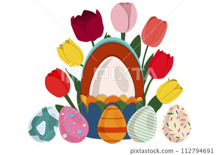 Illustration on theme celebration holiday Easter with hunt colorful bright eggs Illustration on theme celebration holiday Easter with hunt colorful bright eggs 112794691