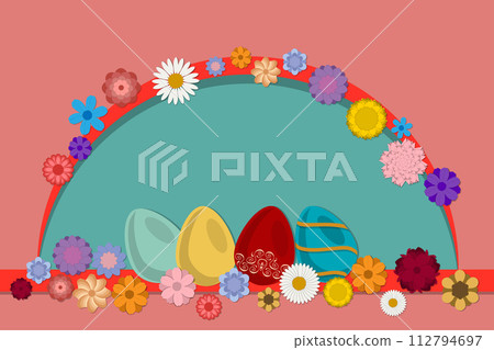 Illustration on theme celebration holiday Easter with hunt colorful bright eggs 112794697