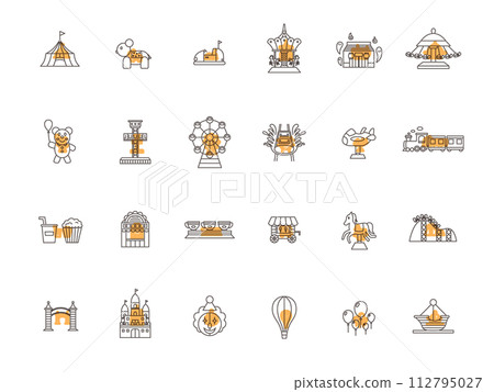 Outline theme park related illustration icon set orange 112795027