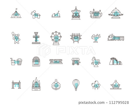 Outline theme park related illustration icon set light blue 112795028