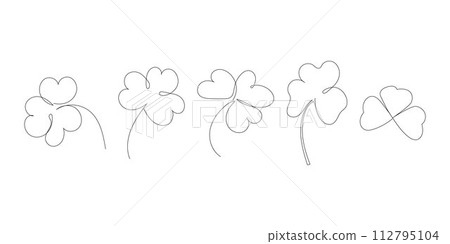 Set of beauty clovers drawn by one line. Floral sketch. Continuous line drawing. Minimalist art for patrick day. Vector illustration. 112795104