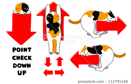 Cat illustration set with up, down, left and right arrows in its mouth 112795198