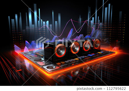 Generative ai on theme modern musical wave equalizer showing volume on abstract background Generative ai on theme modern musical wave equalizer showing volume on abstract background 112795622