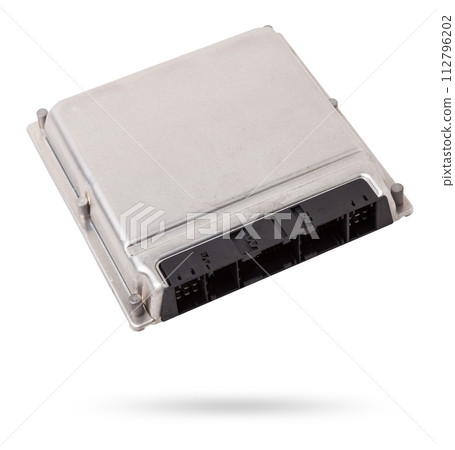 Metallic car engine control unit with plastic elements soaring on a white isolated background is connecting center of various subsystems, units and assemblies. Spare part. Metallic car engine control unit with plastic elements soaring on a white isolated background is connecting center of various subsystems, units and assemblies. Spare part. 112796202