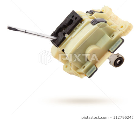 Spare part on a white isolated background in a photo studio for sale at an auto-parsing or replacement in a car service center - Automatic transmission selector gear lever with plastic elements Spare part on a white isolated background in a photo studio for sale at an auto-parsing or replacement in a car service center - Automatic transmission selector gear lever with plastic elements 112796245