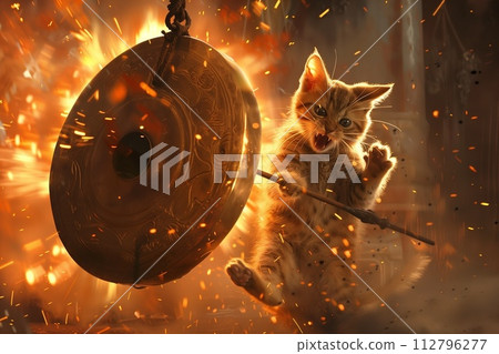 cat smashing a gong with enormous mace 112796277