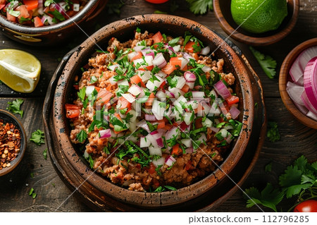 Chipotle top view, Mexico background, nachos tacos 112796285
