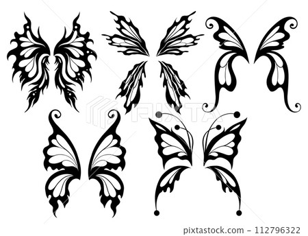 Vector set of black silhouette butterfly wings. Collection of line art monochrome different elf wings isolated from background. Vector set of black silhouette butterfly wings. Collection of line art monochrome different elf wings isolated from background. 112796322