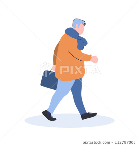 An energetic elderly man walks quickly. A character in a yellow jacket and a blue scarf with a briefcase. Gray hair and excess weight. Isolated cartoon Flat vector illustration An energetic elderly man walks quickly. A character in a yellow jacket and a blue scarf with a briefcase. Gray hair and excess weight. Isolated cartoon Flat vector illustration 112797005