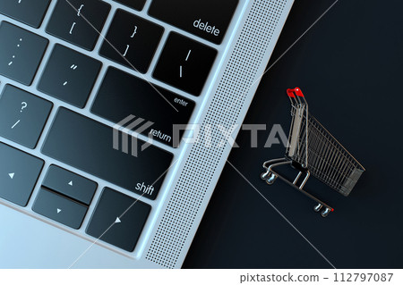Shopping cart an laptop keyboard. E-commerce concept. 3D Rendering 112797087