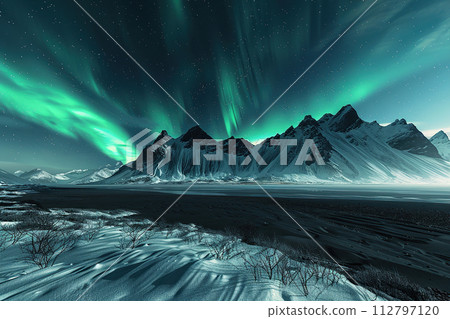 Generative ai on theme of beautiful northern lights, bright aurora borealis winter in atmosphere 112797120