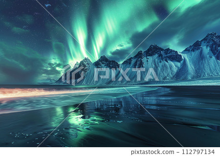 Generative ai on theme of beautiful northern lights, bright aurora borealis winter in atmosphere 112797134