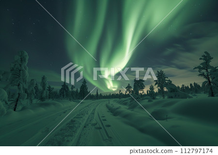 Generative ai on theme of beautiful northern lights, bright aurora borealis winter in atmosphere 112797174