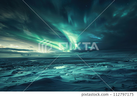 Generative ai on theme of beautiful northern lights, bright aurora borealis winter in atmosphere 112797175