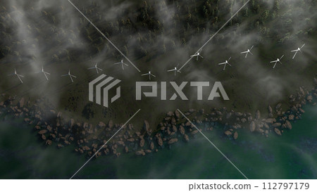 A series of wind turbines are seen in the distance 112797179