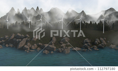 A mountain range with a body of water in the foreground A mountain range with a body of water in the foreground 112797180