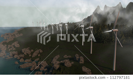A group of wind turbines are lined up on a hillside next to a body of water A group of wind turbines are lined up on a hillside next to a body of water 112797181