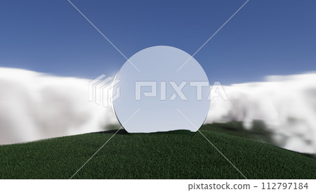 3d illustration A large, round, white object is sitting on a grassy hill 3d illustration A large, round, white object is sitting on a grassy hill 112797184
