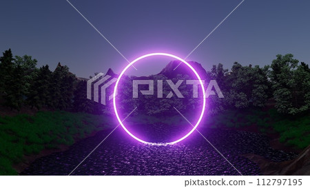 3d illustration A purple glowing circle is in the middle of a forest 3d illustration A purple glowing circle is in the middle of a forest 112797195