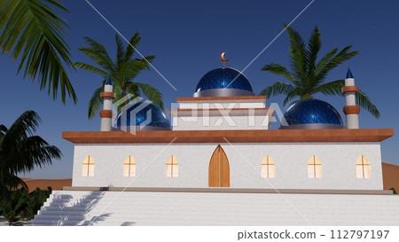 3d illustration arab mosque on the background of sunset in the desert, Ramadan concept 112797197