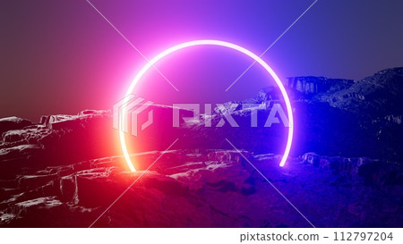 3d illustration Neon ring in volcanic landscape at night in desert 3d illustration Neon ring in volcanic landscape at night in desert 112797204