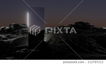 3d illustration Mirror on volcanic landscape at night in desert 112797211