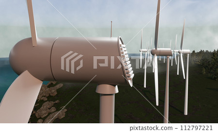 A wind farm with several wind turbines in the background 112797221