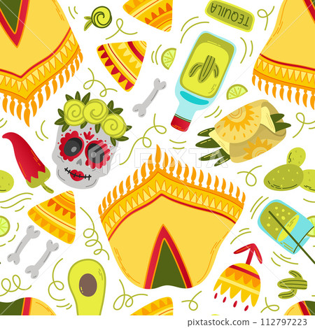 Seamless pattern flat Mexican poncho, skull, food 112797223