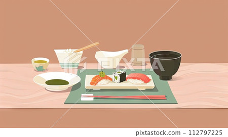 Japanese cuisine dining setup illustration 112797225