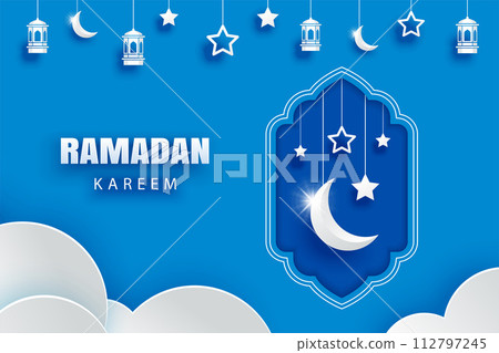 Ramadan kareem greeting card background. Eid mubarak paper art banner illustration design. Ramadan kareem greeting card background. Eid mubarak paper art banner illustration design. 112797245