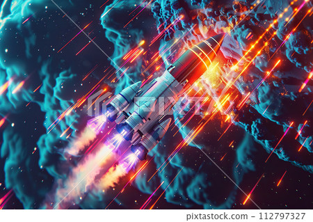 Generative ai on theme of beautiful space rocket in sky, bright meteorites glow in atmosphere Generative ai on theme of beautiful space rocket in sky, bright meteorites glow in atmosphere 112797327
