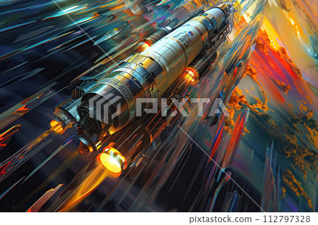Generative ai on theme of beautiful space rocket in sky, bright meteorites glow in atmosphere Generative ai on theme of beautiful space rocket in sky, bright meteorites glow in atmosphere 112797328