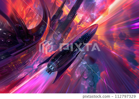 Generative ai on theme of beautiful space rocket in sky, bright meteorites glow in atmosphere Generative ai on theme of beautiful space rocket in sky, bright meteorites glow in atmosphere 112797329