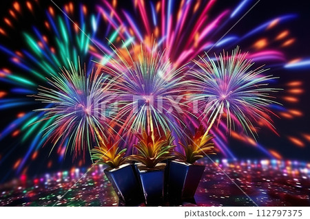Generative ai on theme festive brightly fireworks on twilight background high in dark sky Generative ai on theme festive brightly fireworks on twilight background high in dark sky 112797375